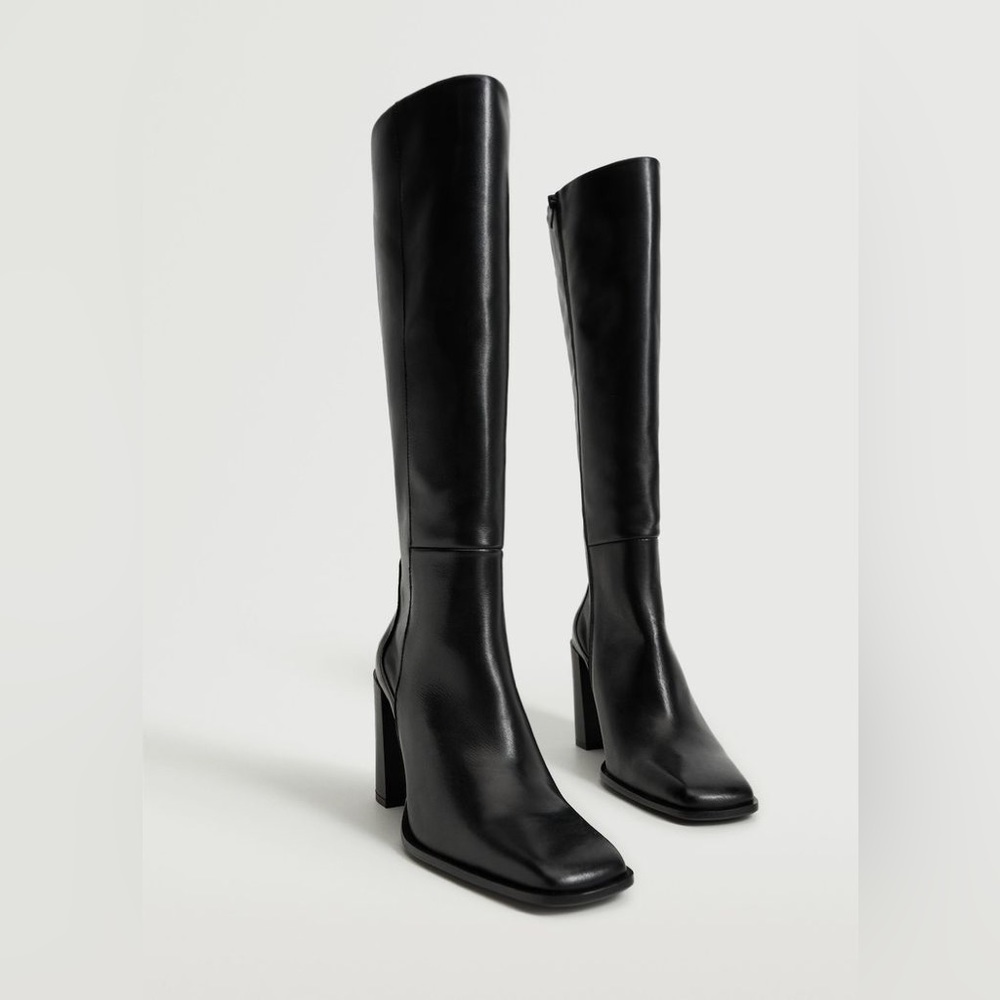 Mango Black High Heel Leather Boot Size 6.5